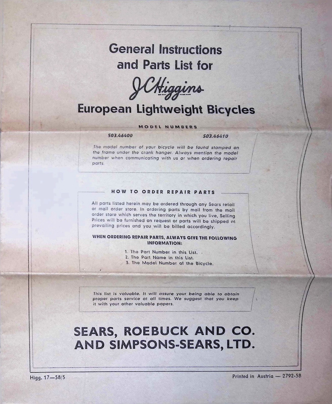 J.C. Higgins Sears Bicycle Parts List Manual c1960s Exploded View Sears Roebuck