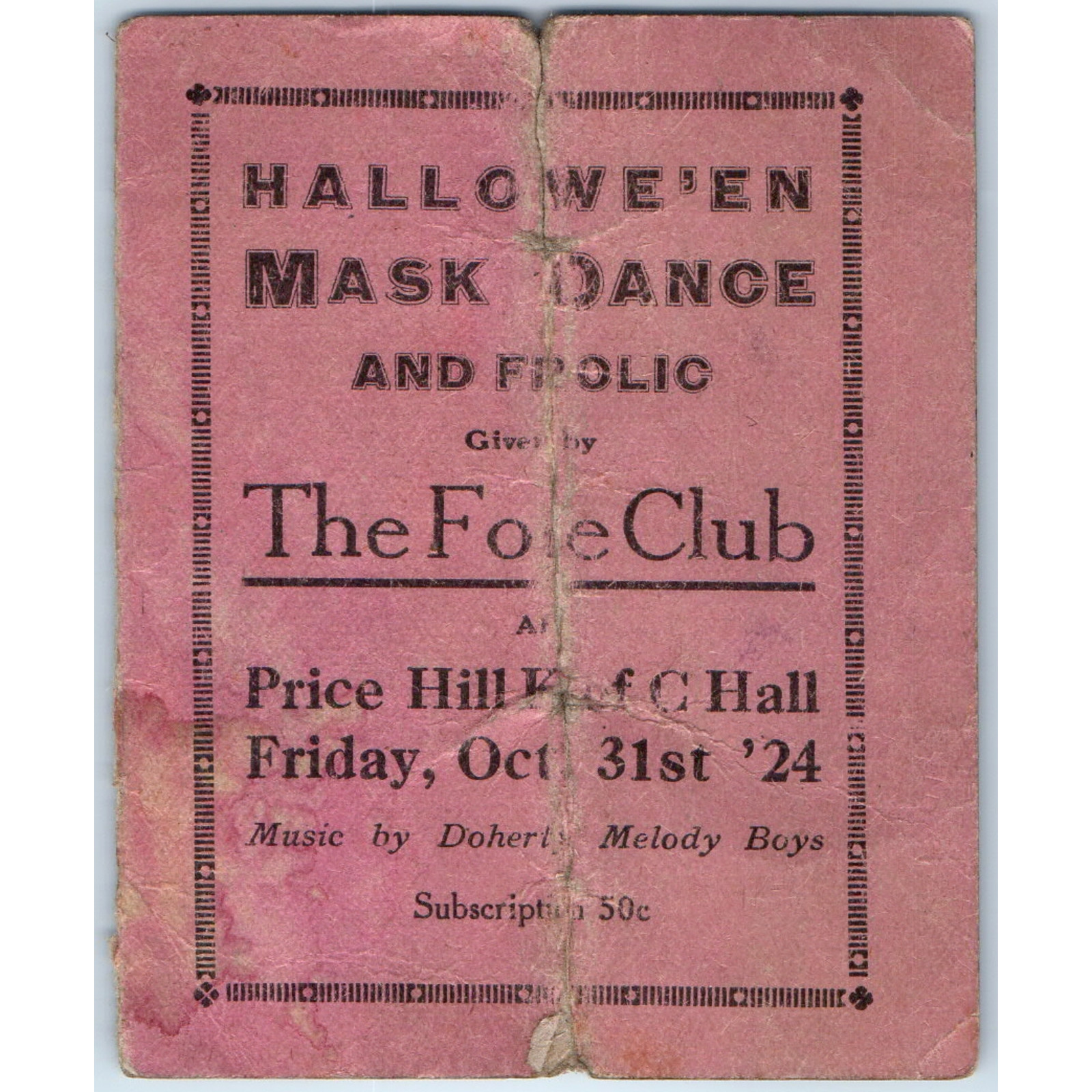 1924 Halloween Mask Dance Ticket Card Cincinnati OH Siebler Tailoring Covington