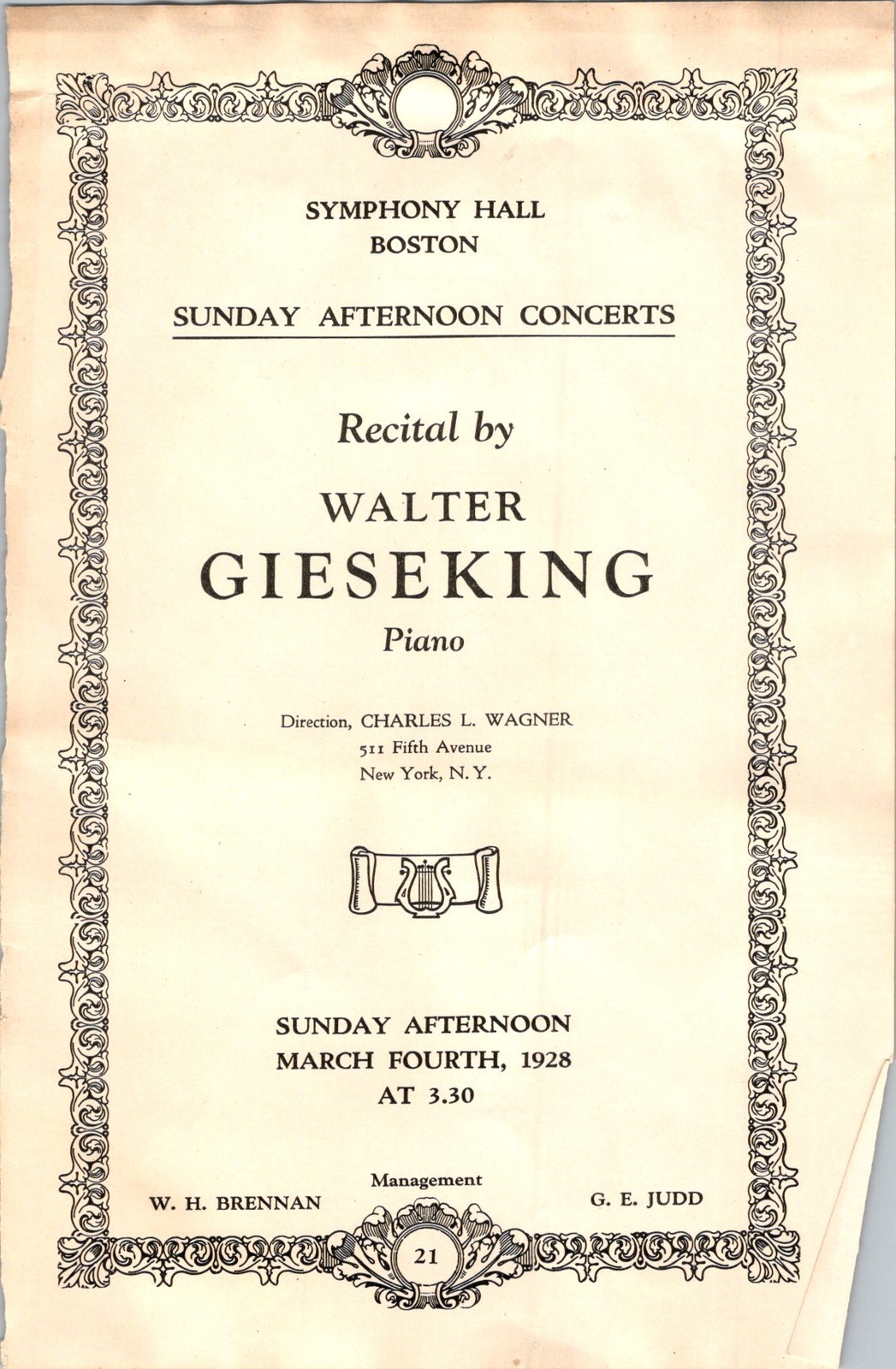 1928 Gieseking Piano Recital Program & Chickering Ampico Ad Boston Student