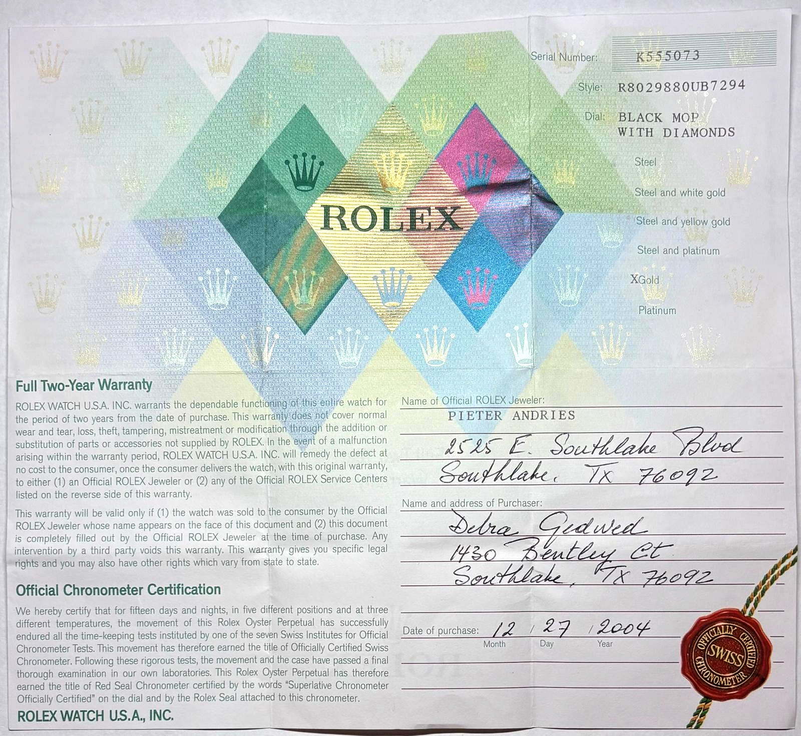 Rolex 80298 Pearlmaster Warranty Certificate Guarantee 2000s K Serial Cert