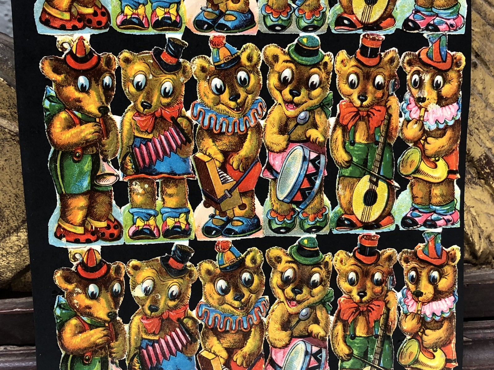 Young Bears Musician & Baby Chicks Die Cut Scraps Glued on Paper Double Sided L6
