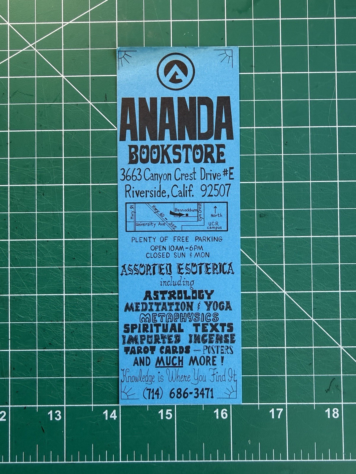 Vintage Ananda Bookstore Bookmark Riverside 70s 80s New Age Metaphysical Occult