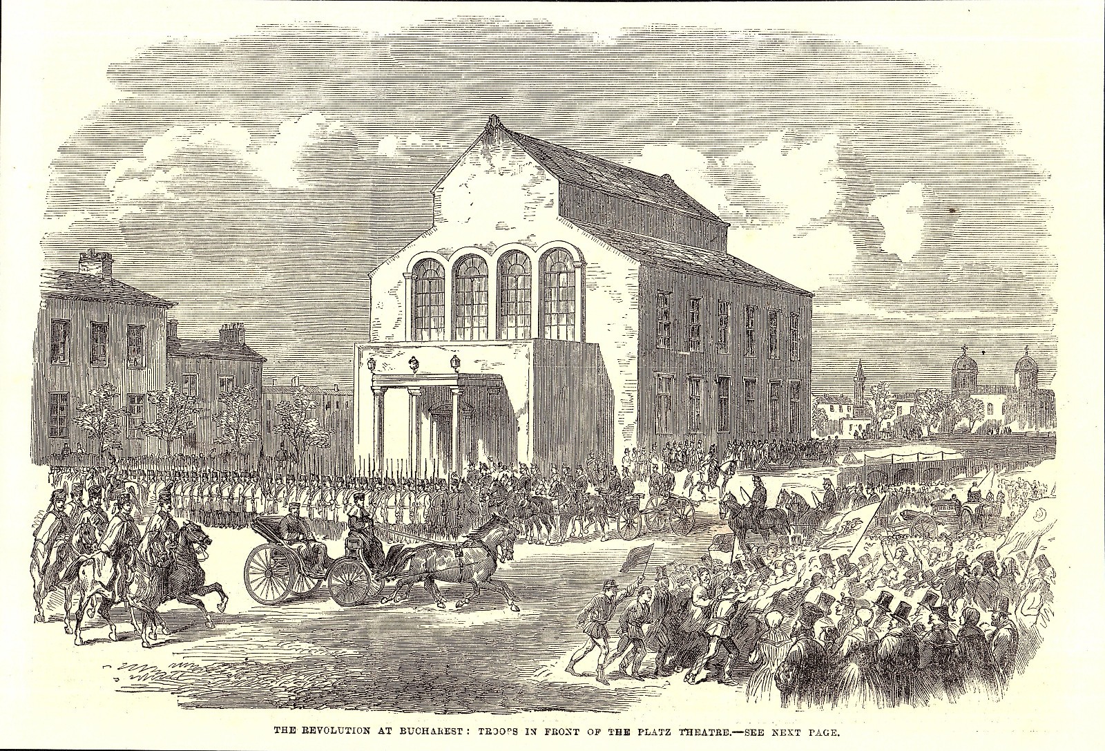 Revolution at Bucharest, Troops in front of Platz Theatre ; Original 1859 Print