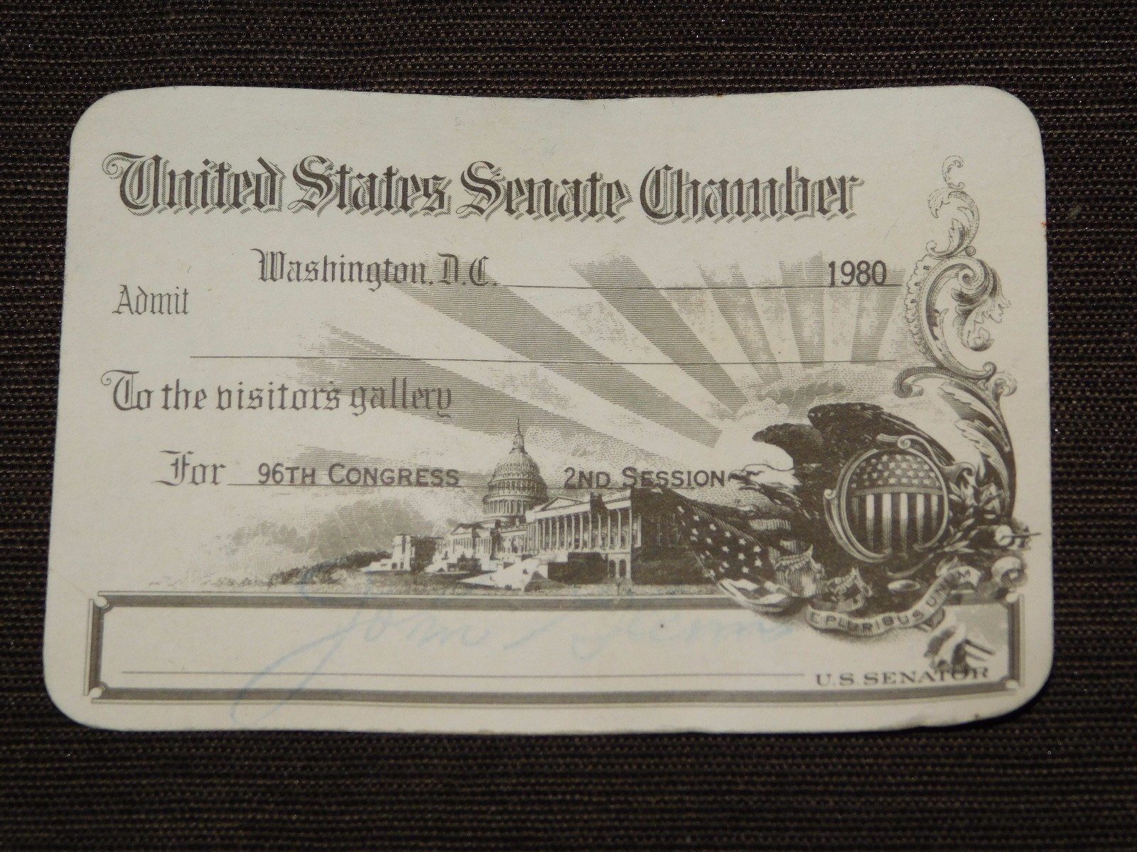 VINTAGE 1980 UNITED STATES SENATE CHAMBER WASHINGTON DC VISITORS PASS CARD