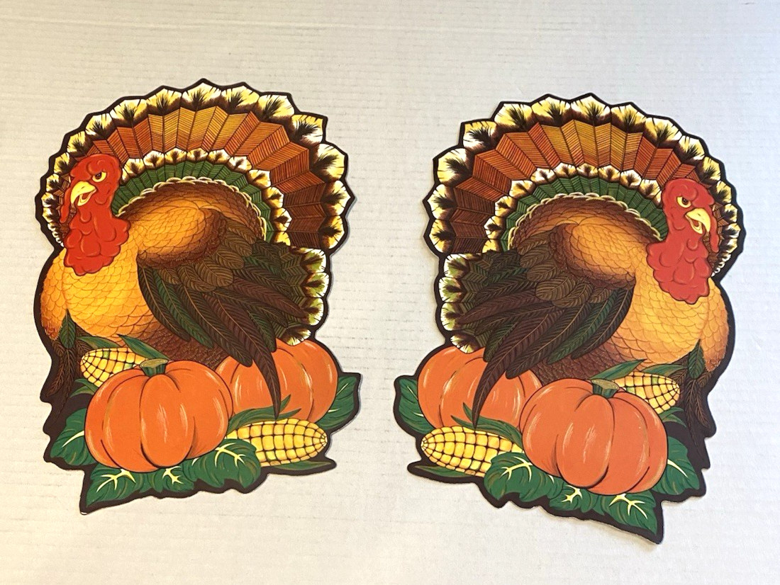 Vintage Die Cut Thanksgiving Turkey Card Decor Fall 12″x8″ Pumpkins Corn 2 Cards