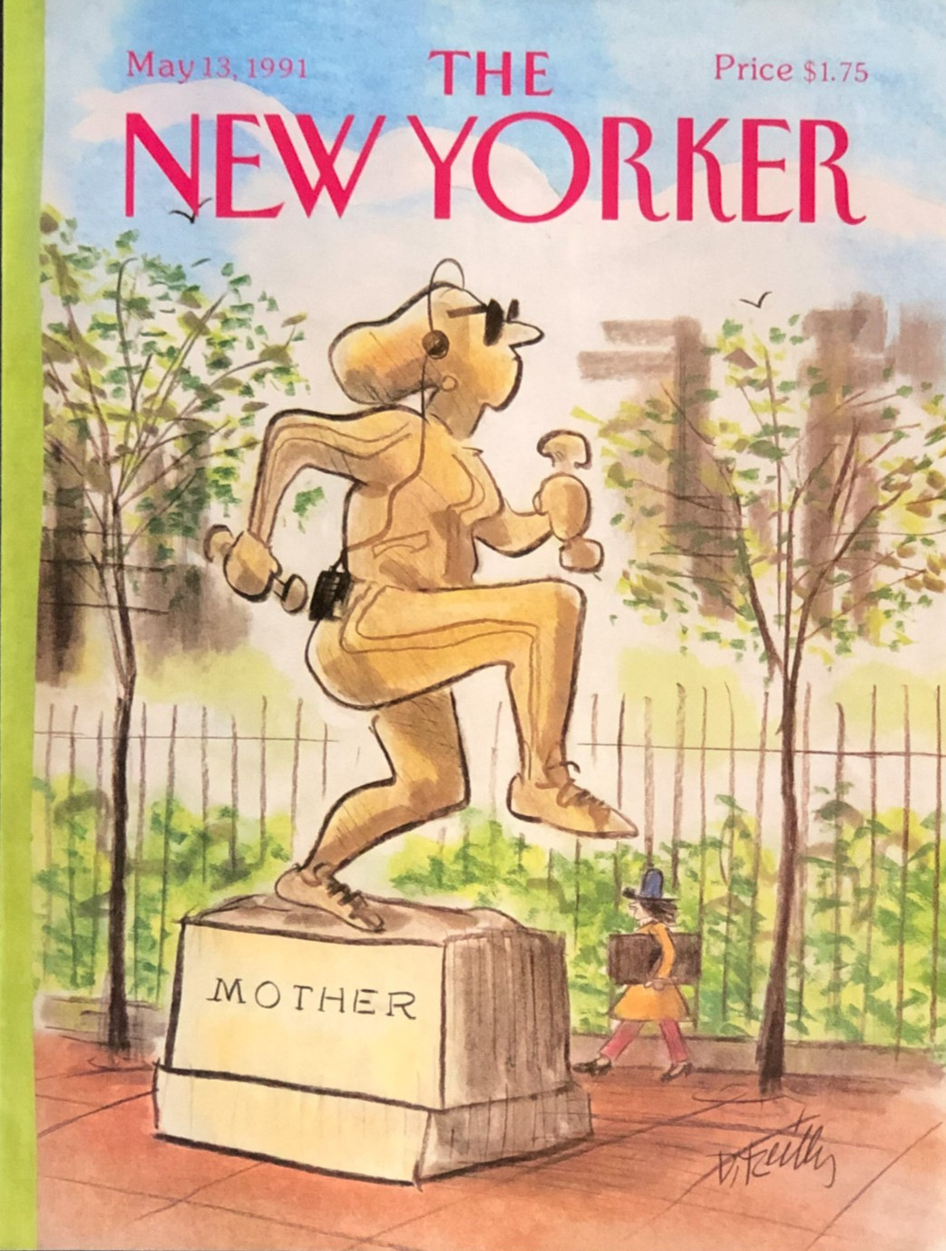 1991 New Yorker Magazine Cover Mother Statue Jogger Runner Exercise Park Vtg