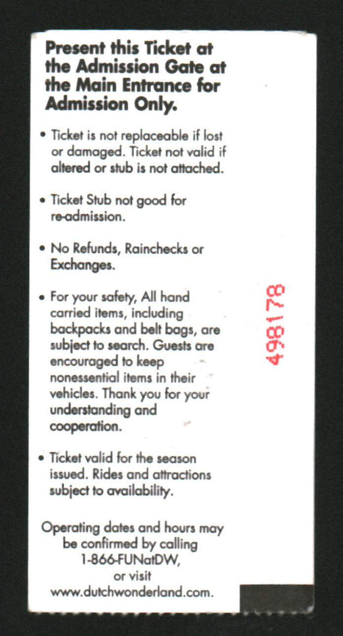 Dutch Wonderland Family Amusement Park 2002 Season Ticket Stub Senior