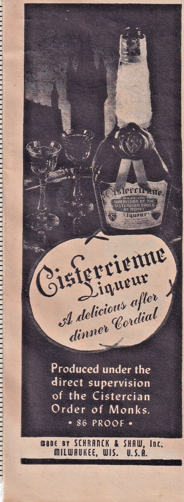 Cistercienne Liqueur 1944 Vtg Print Ad 2″x5″ Schranck & Shaw Milwaukee WI