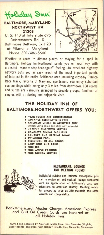 1960s Holiday Inn Baltimore Northwest Rack Card Pikesville MD Beltway Americana