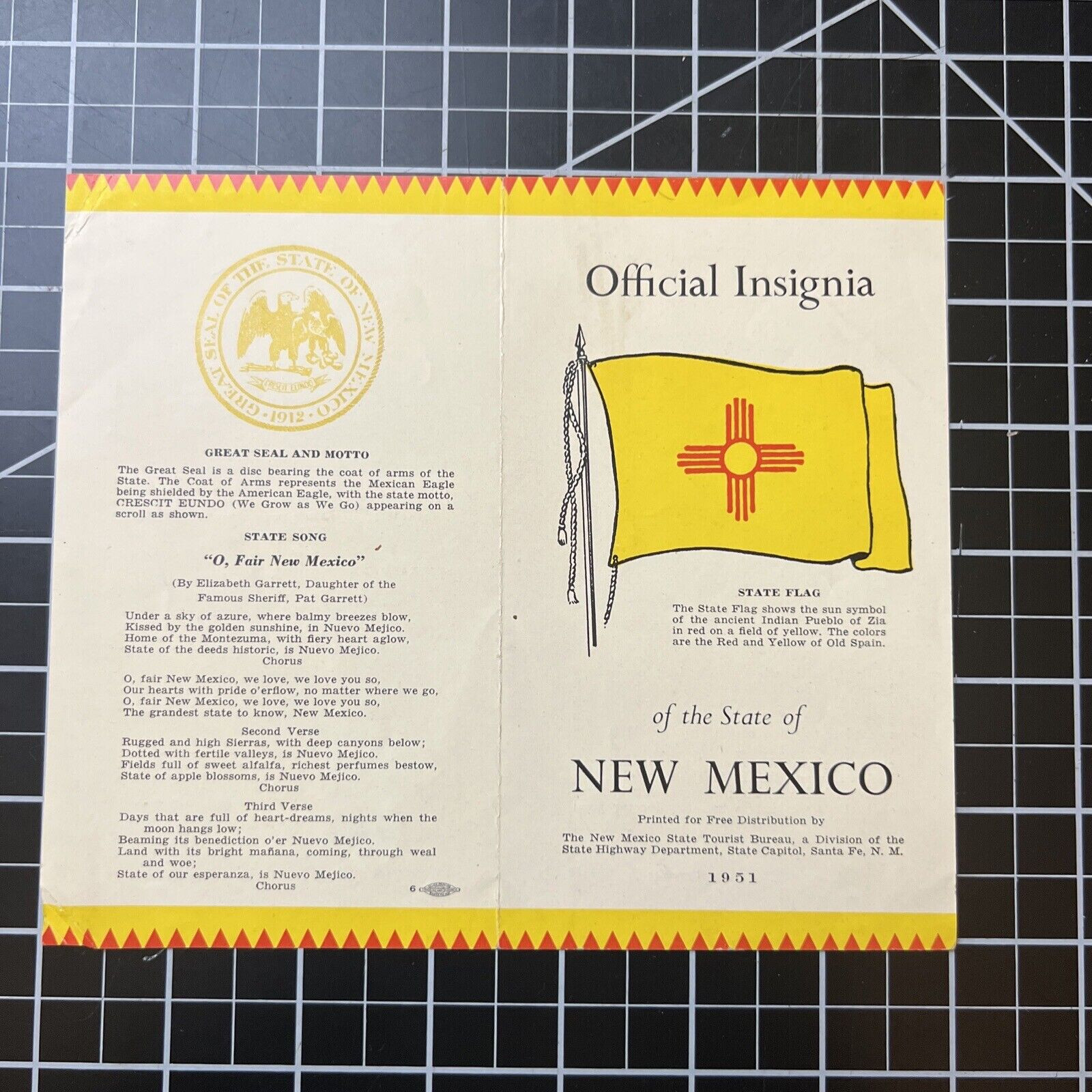 1951 New Mexico Official Insignia State Flag Pamphlet 1950s Edwin Mechem Vintage