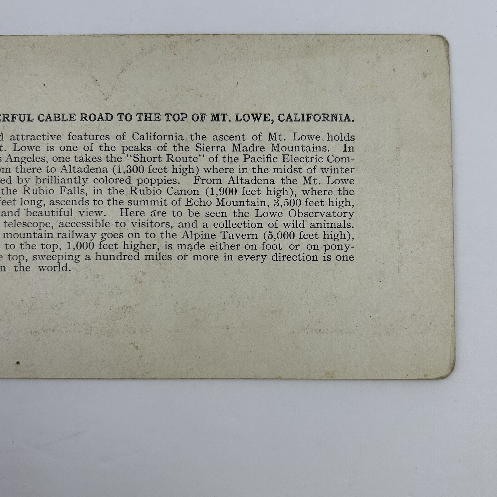 Antique Mt Lowe Incline Railway California Color Lithograph Stereoview Card L-1