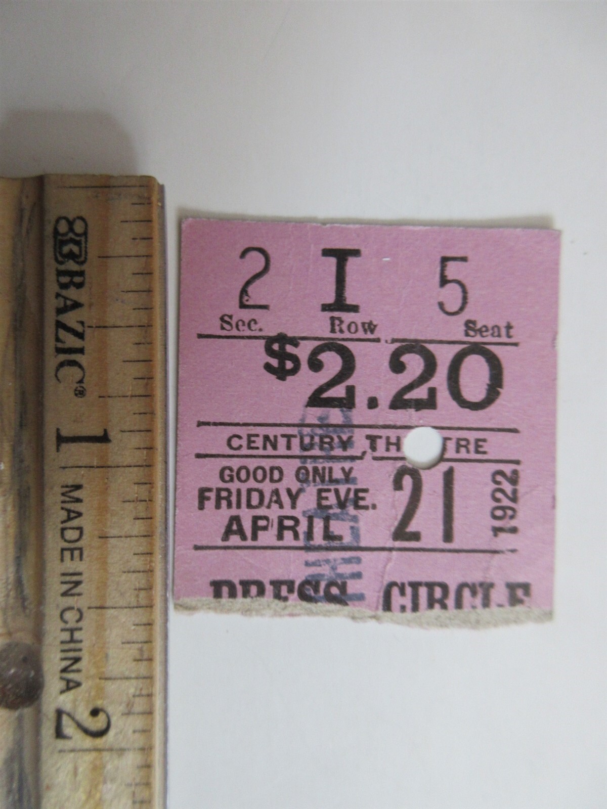 1922 April 21 CENTURY THEATER ticket stub New York City