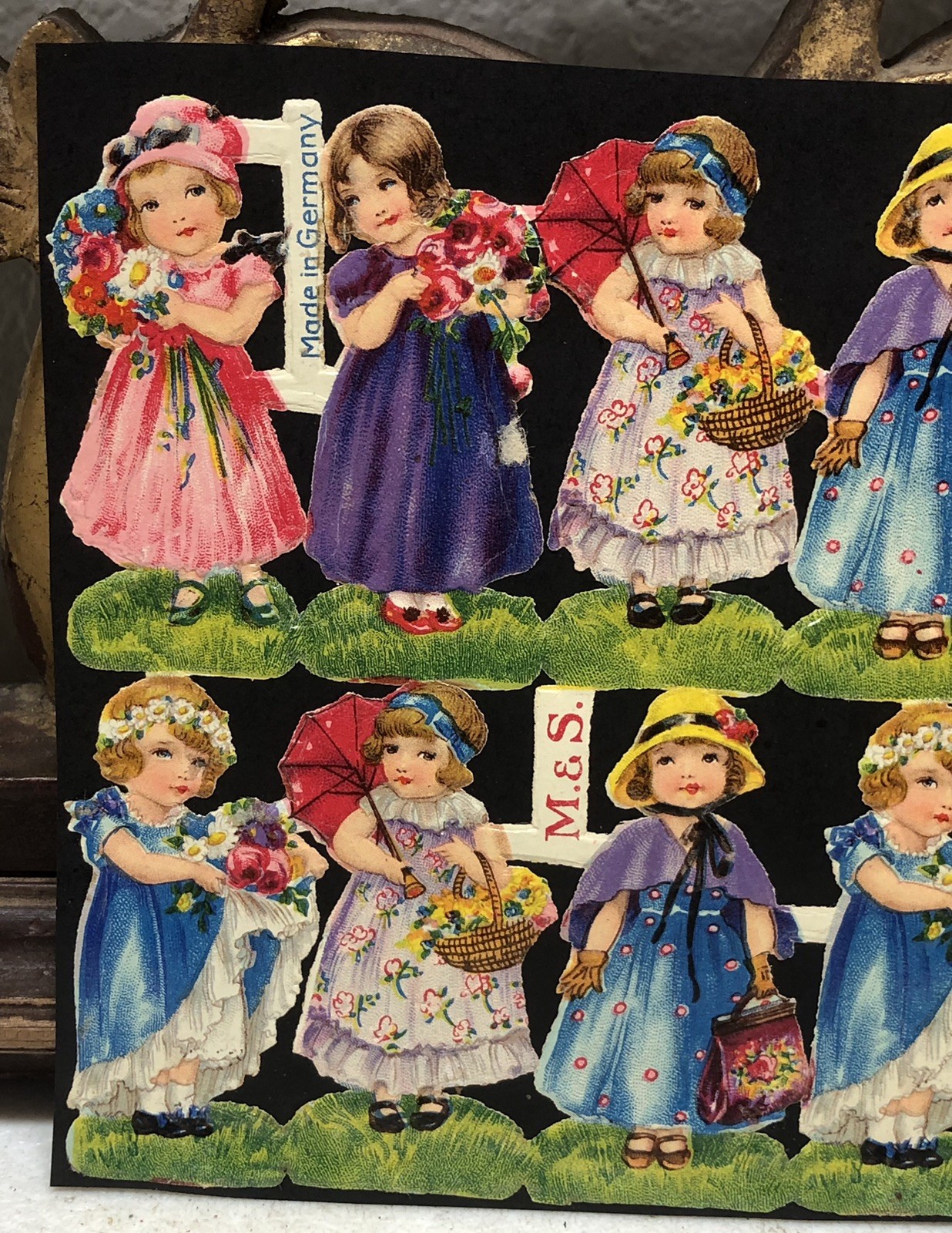 Dressed Girls Die Cut Embossed Scraps by M&S Glued on Paper Double Sided L10