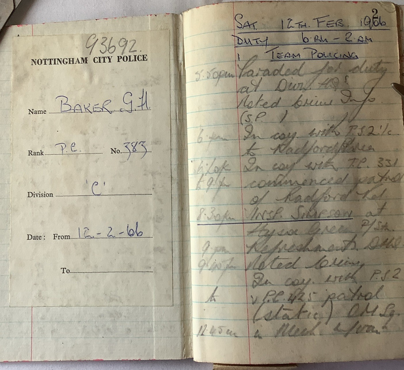 Vintage Nottingham city police pocket notebook 12-02-66 to April 1966