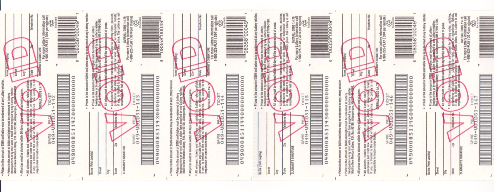 New Mexico Lottery – Route 66 Theme – 6 Ticket Sample Void Panel – no cash value