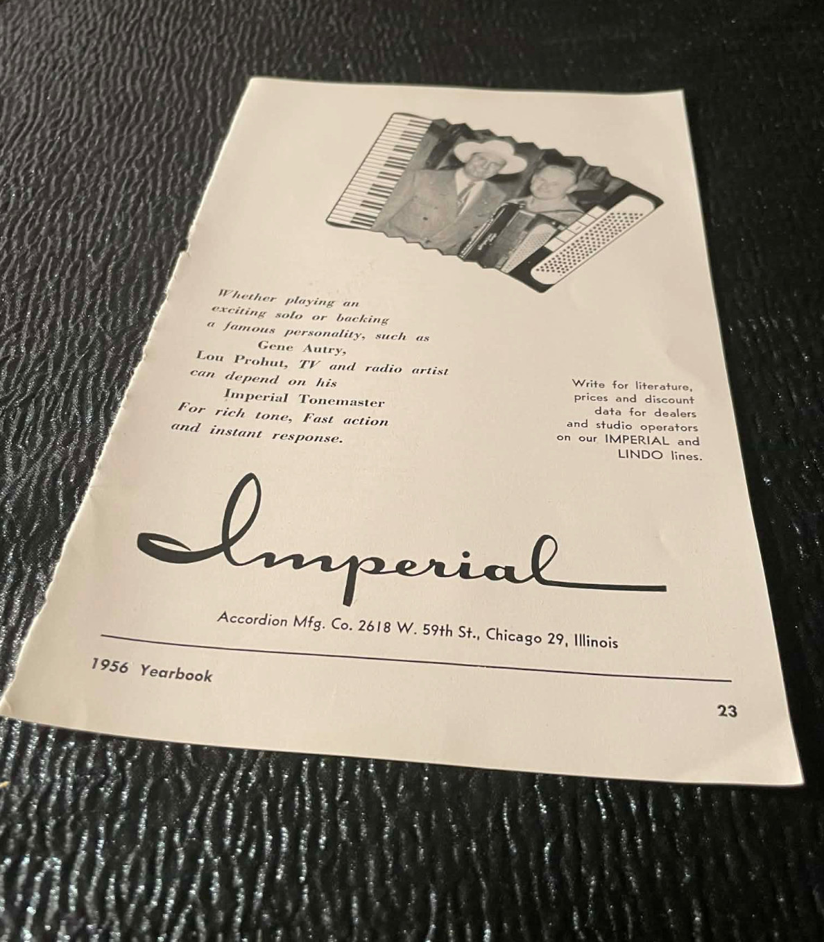 Imperial Accordion Mfg Autry Lou Prohut Lindo Ads 1956 Accordion World Magazine