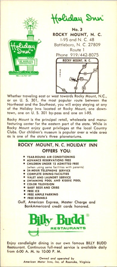 1960s Holiday Inn Rocky Mount NC Rack Card I 95 Highway Americana Motor Inns
