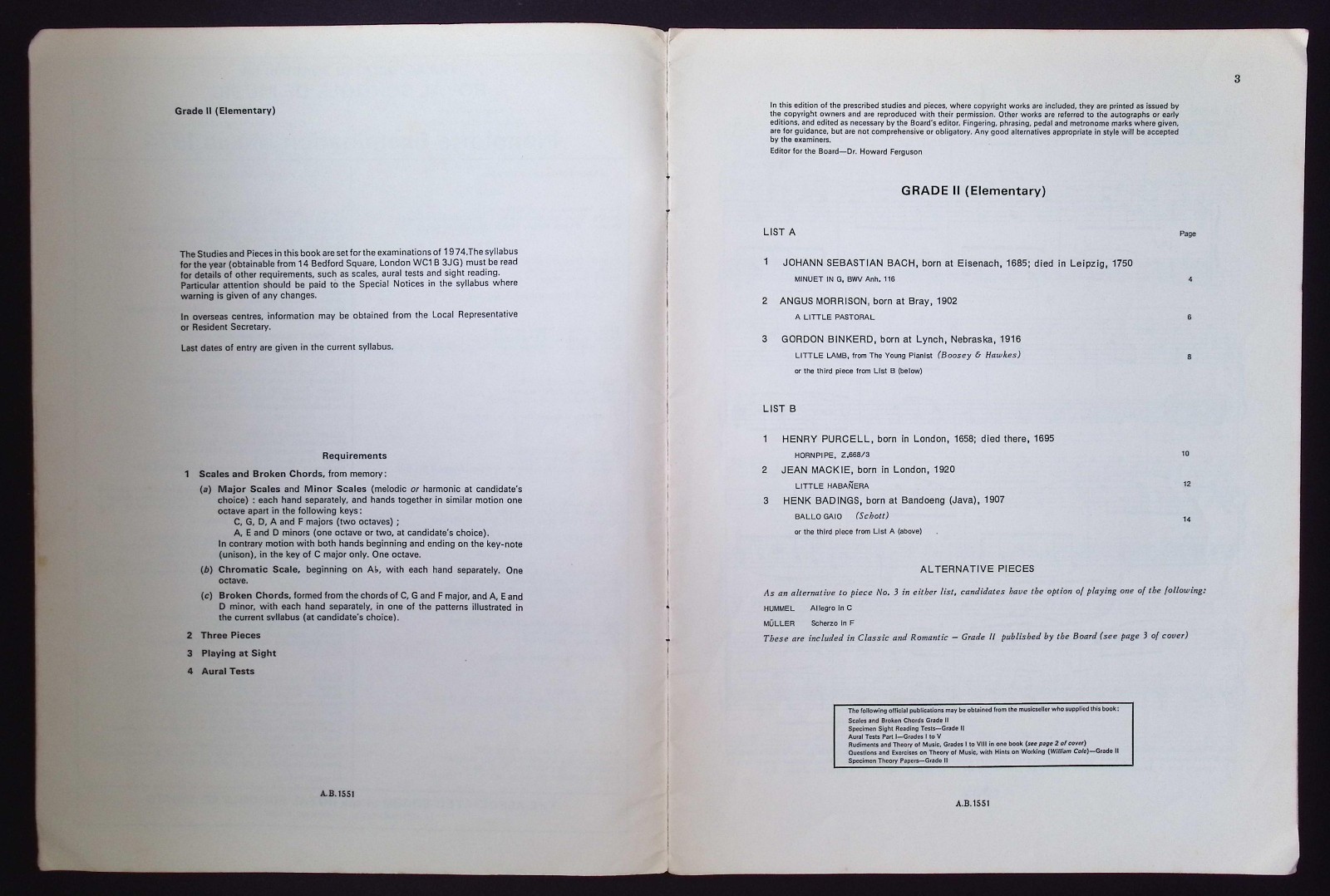 Royal Schools of Music Pianoforte Examinations 1974 Grade II Lists A&B Elementar