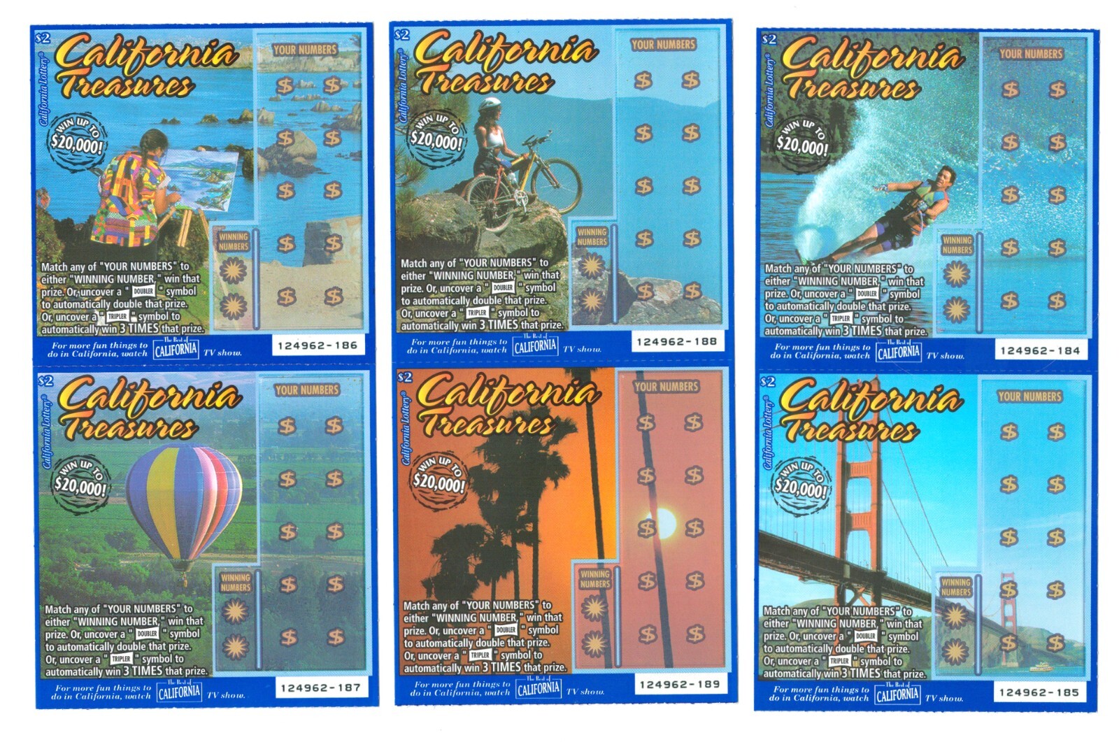 2002 California Lottery scratch tickets expired MINT unscratched set of 6