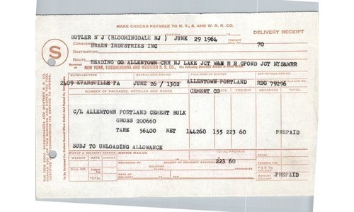 NYS & W Freight Bill 1964 RDG 79296 Cement PA to NJ Railroadiana Shipping