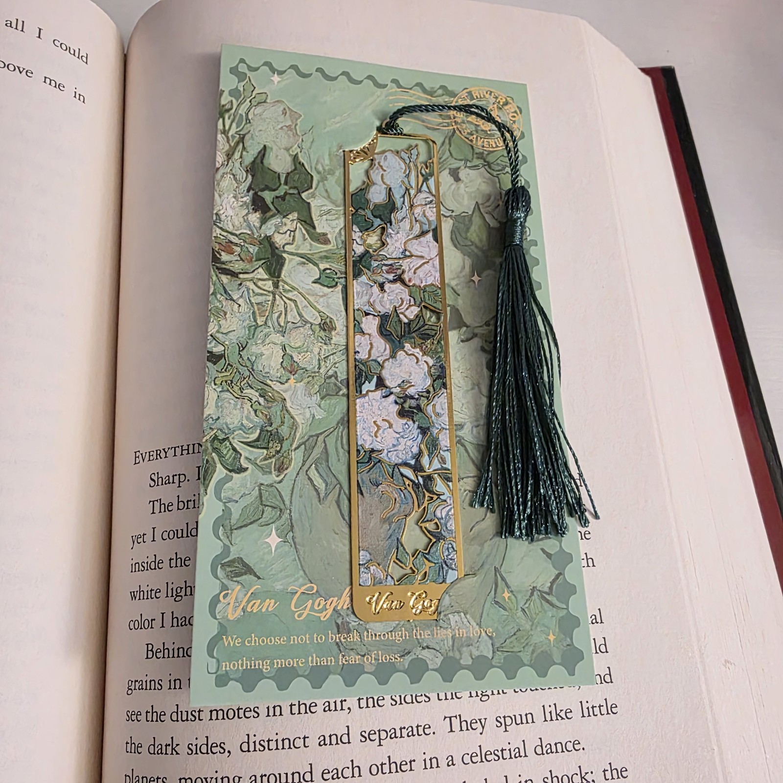 Van Gogh Floral Metal Bookmark with Tassel, Green Gold White Art Rectangle