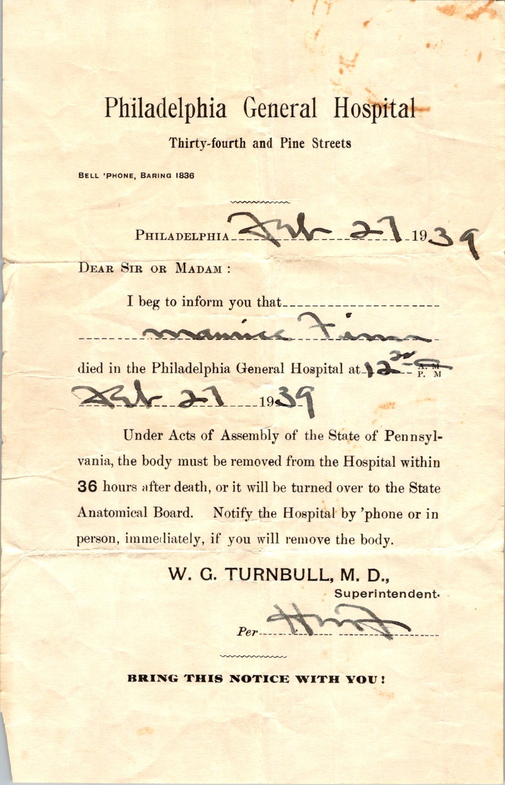 1939 Philadelphia General Hospital Death Notice – Maurice Finn – Blockley