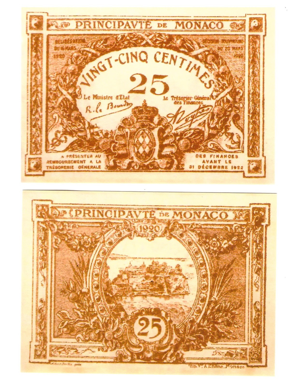 u Reproduction Note Monaco 25 Centimes 1920 Pick #1 1728R
