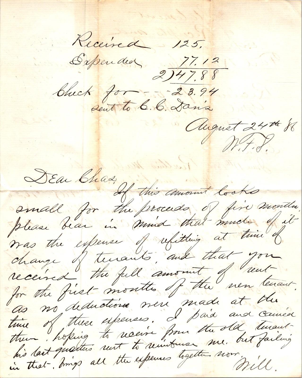 1888 Fall River Massachusetts Cottage Rental Financial Statement Letter