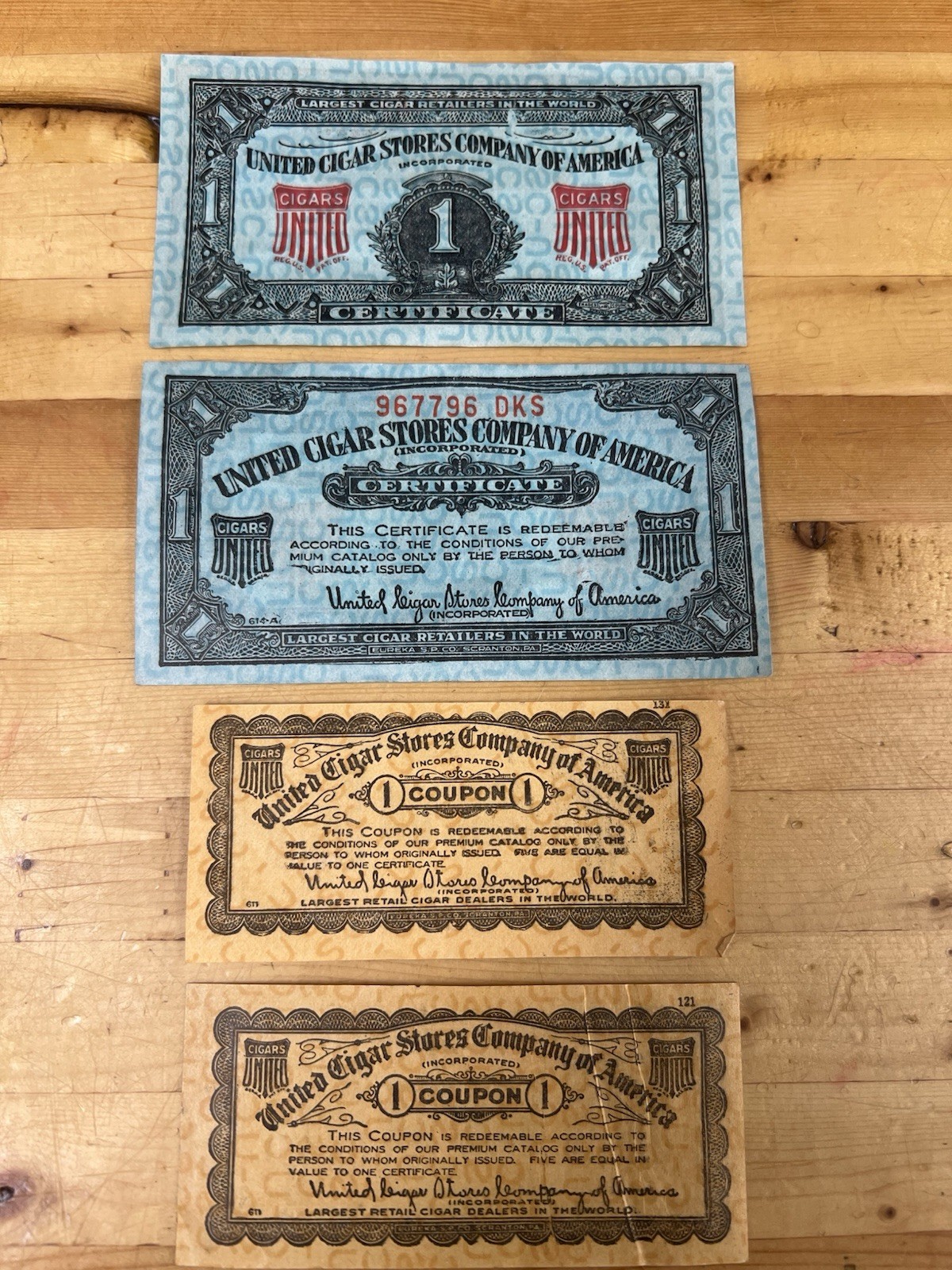 United Cigar Stores Company of America $1 Green & Orange Certificate- Set Of 4