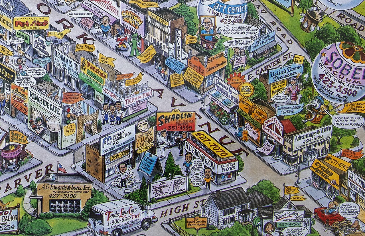 HUNTINGTON LONG ISLAND Illustrated Cartoon Map 1995 – FREE SHIPPING