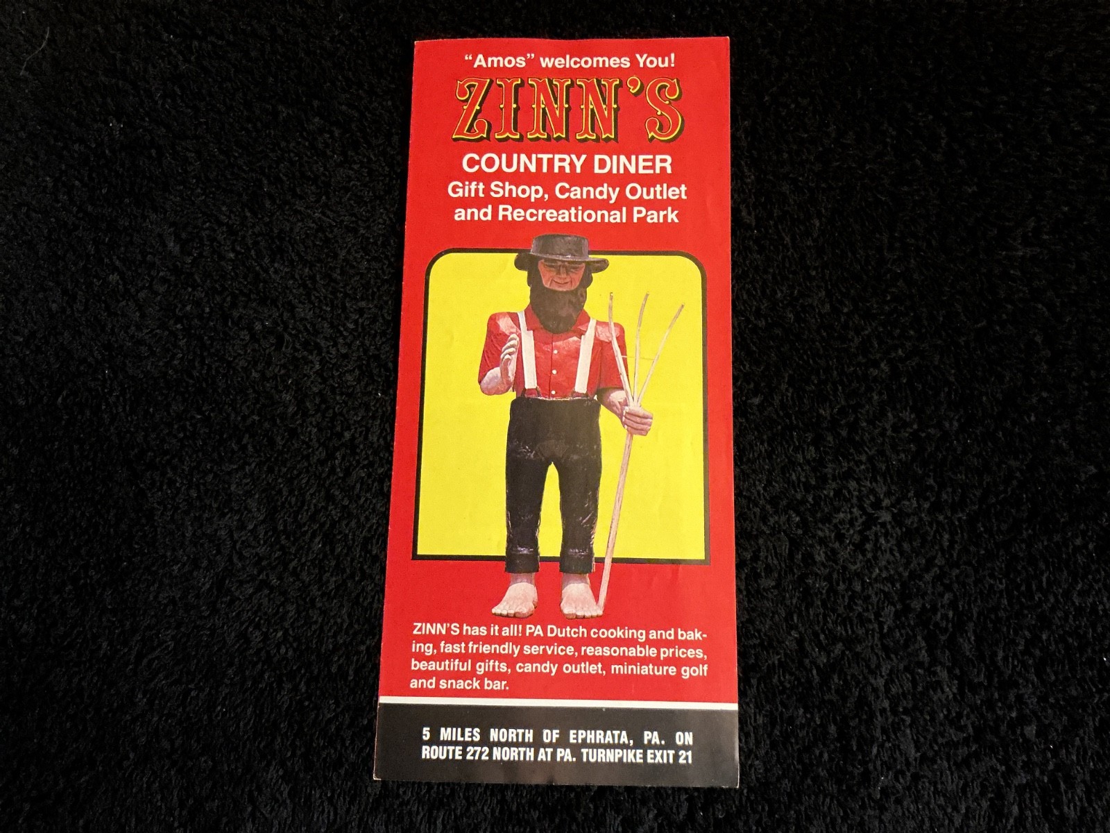 ZINN’S COUNTRY DINER BROCHURE (1980s) LANCASTER/DENVER, PENNSYLVANIA DUTCH Amos