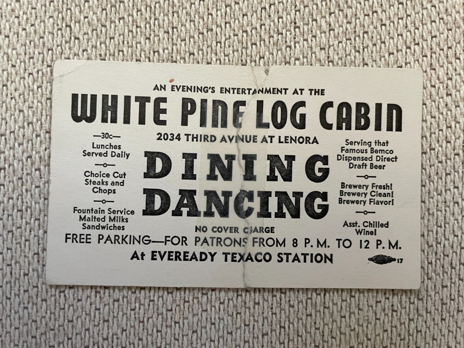 Vintage Seattle WA Bar/Restaurant Cards – White Pine Log Cabin Home Plate 1950s