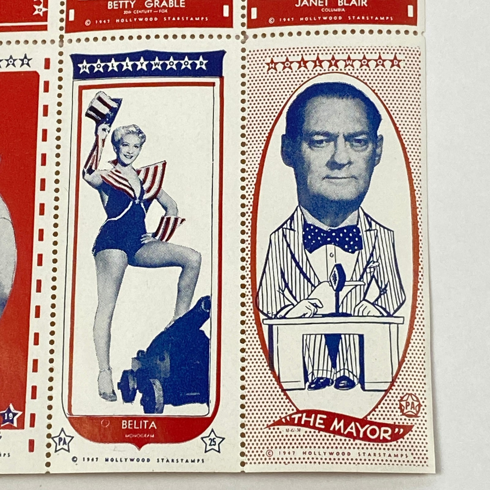 1947 Hollywood Starstamps Sheet Betty Grable Rhonda Fleming Janet Blair VTG