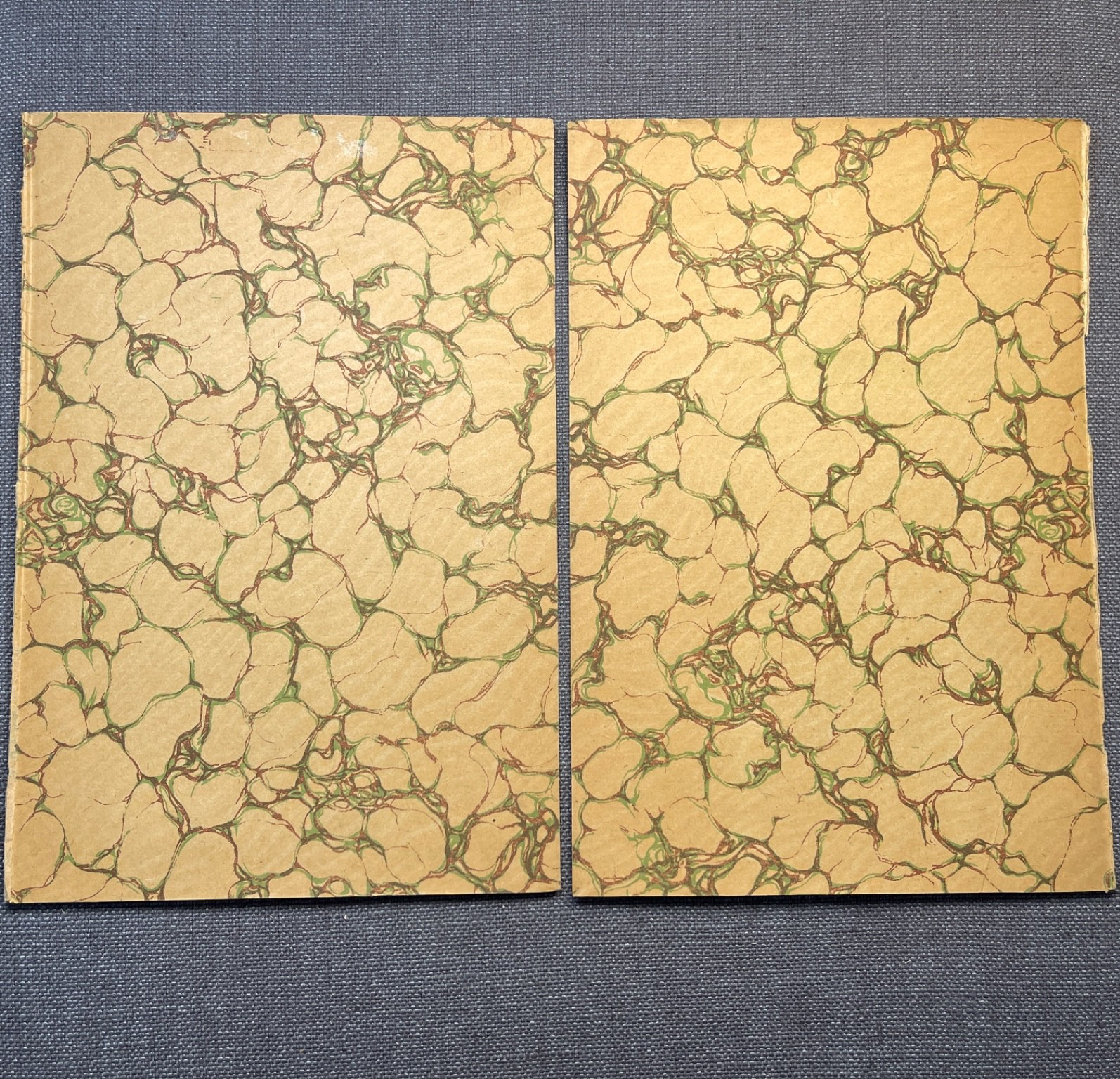 Antique Marbled End Papers Pair Bookbinding Yellow Brown Green
