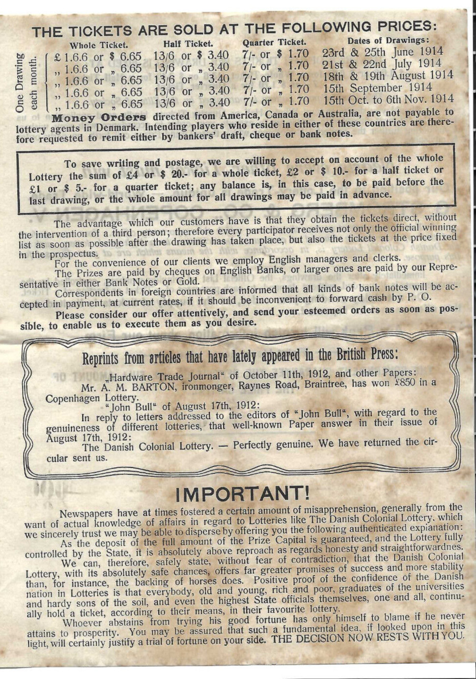 VTG 1914 ‘GREAT DANISH COLONIAL MONEY LOTTERY’ ADVERTISING BROCHURE~WIN $200,000