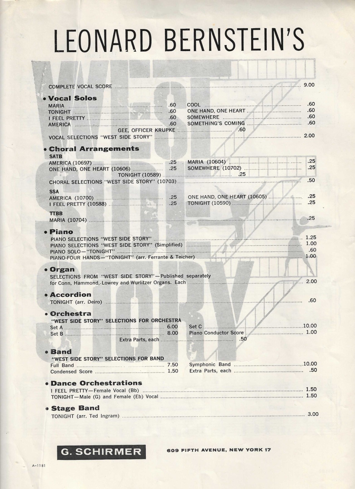 1961 TONIGHT Piano Solo Sheet Music WEST SIDE STORY Leonard Bernstein