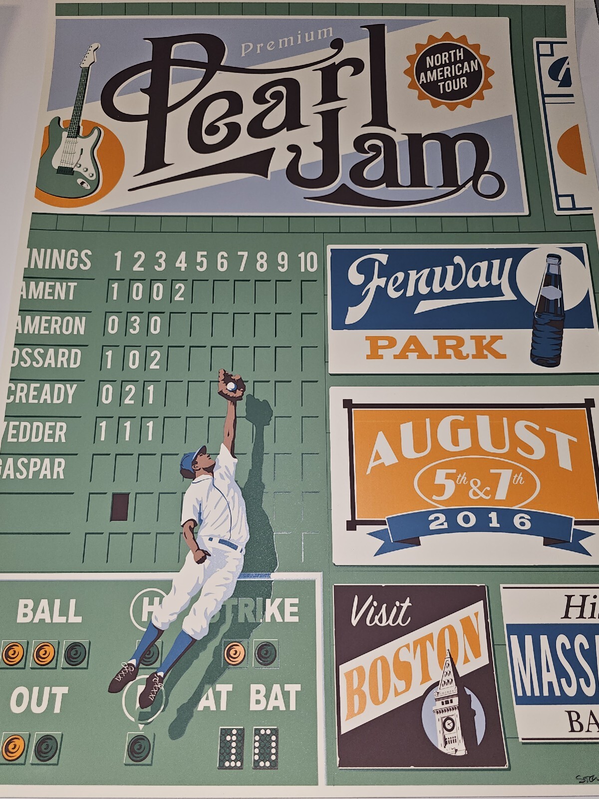 Pearl Jam Boston 2016 Steve Thomas VARIANT Poster Signed Print Fenway The Catch