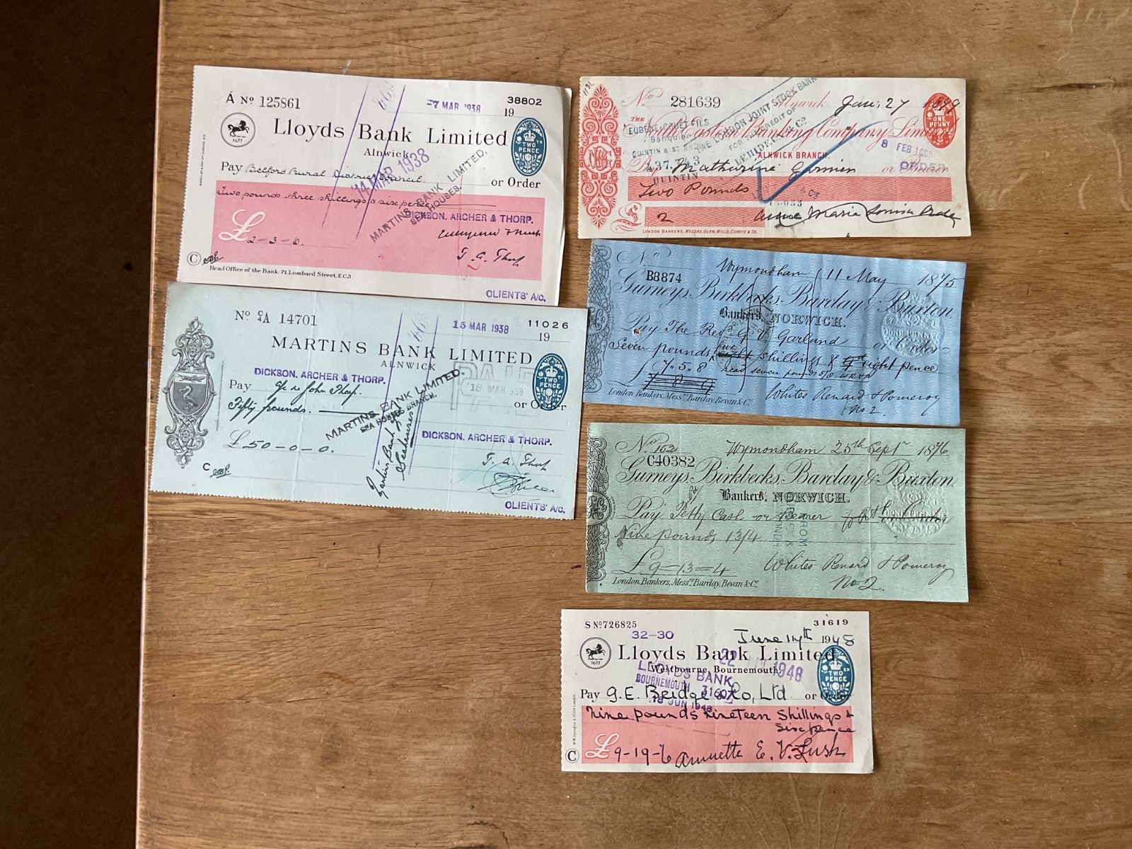British vintage used cheques 6 items B5345