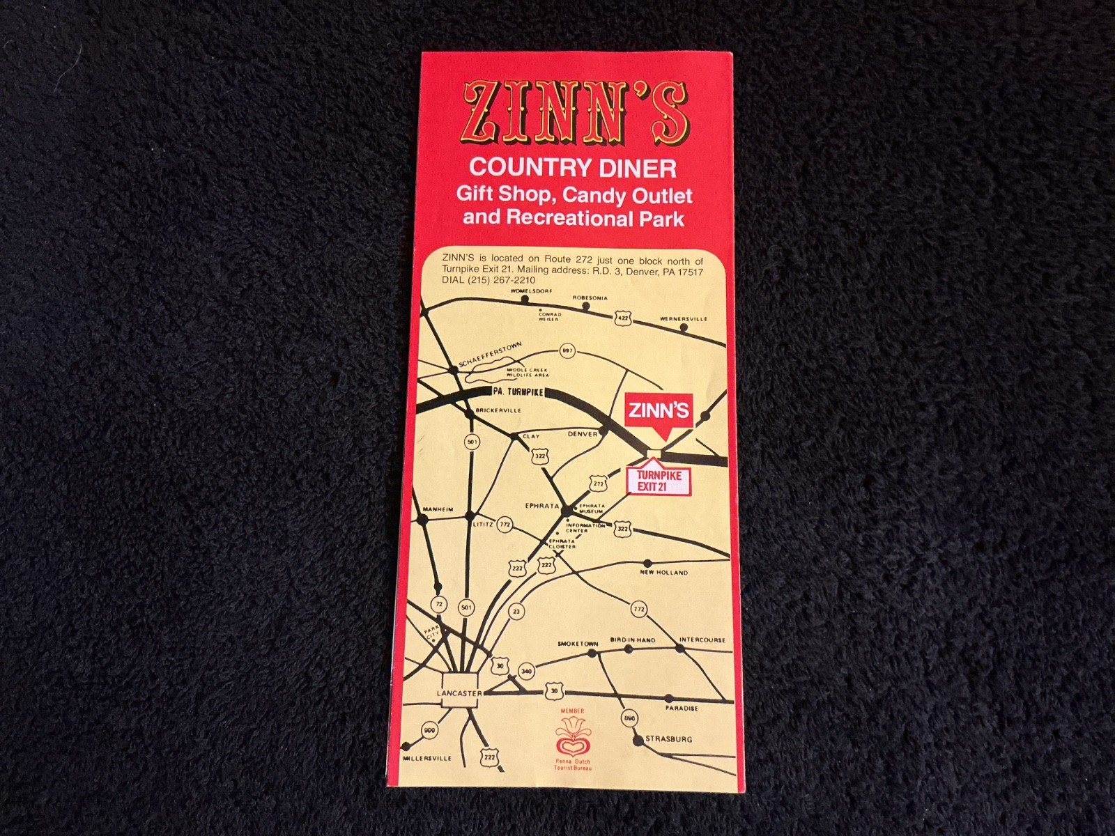 ZINN’S COUNTRY DINER BROCHURE (1980s) LANCASTER/DENVER, PENNSYLVANIA DUTCH Amos