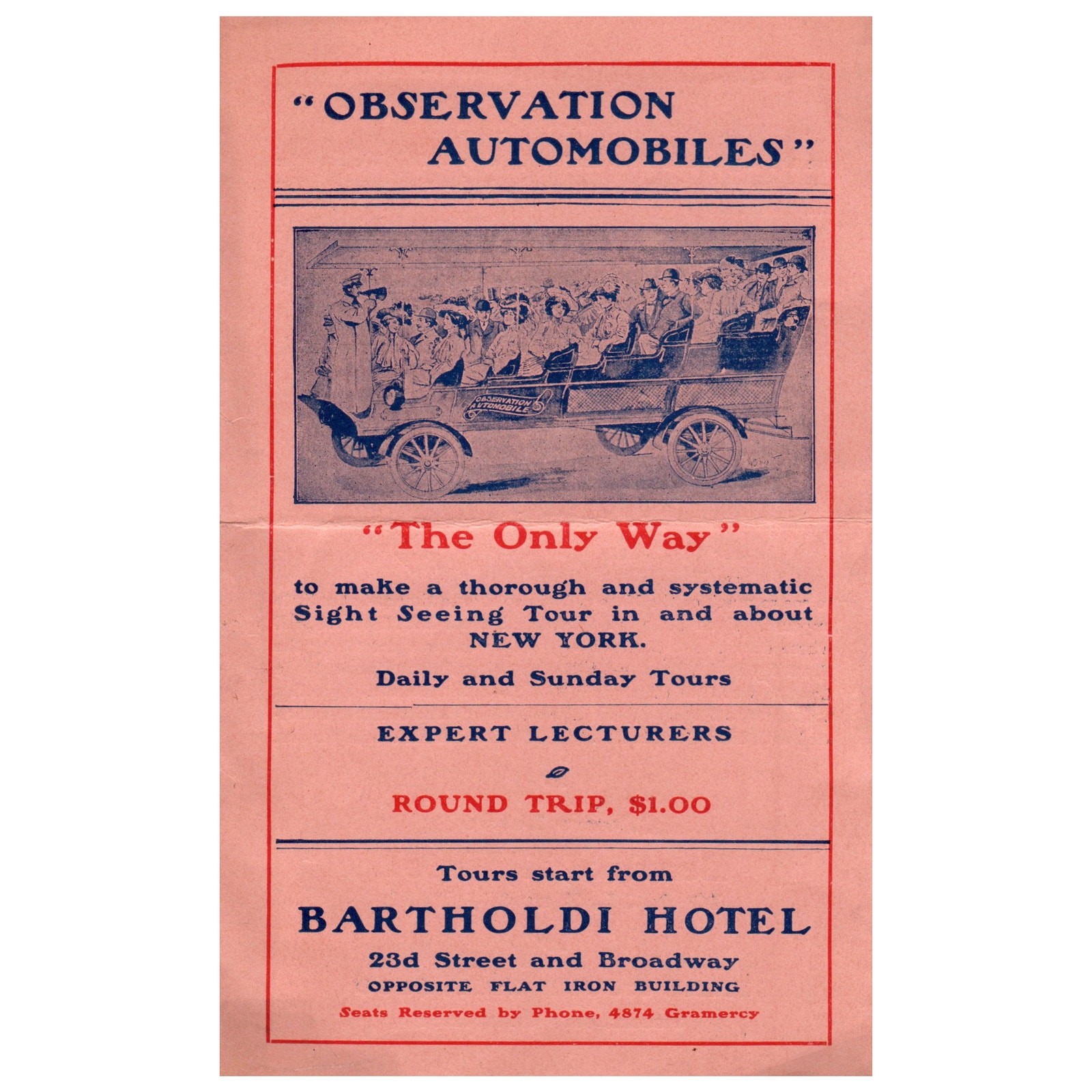 Antique Travel Brochure – Observation Automobiles Bartholdi Hotel Manhattan AD8