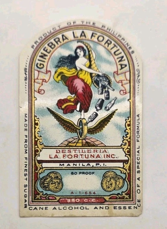 Philippines Vintage Ginebra Gin 1930s Bottles Label “Ginebra La Fortuna.” 1piece