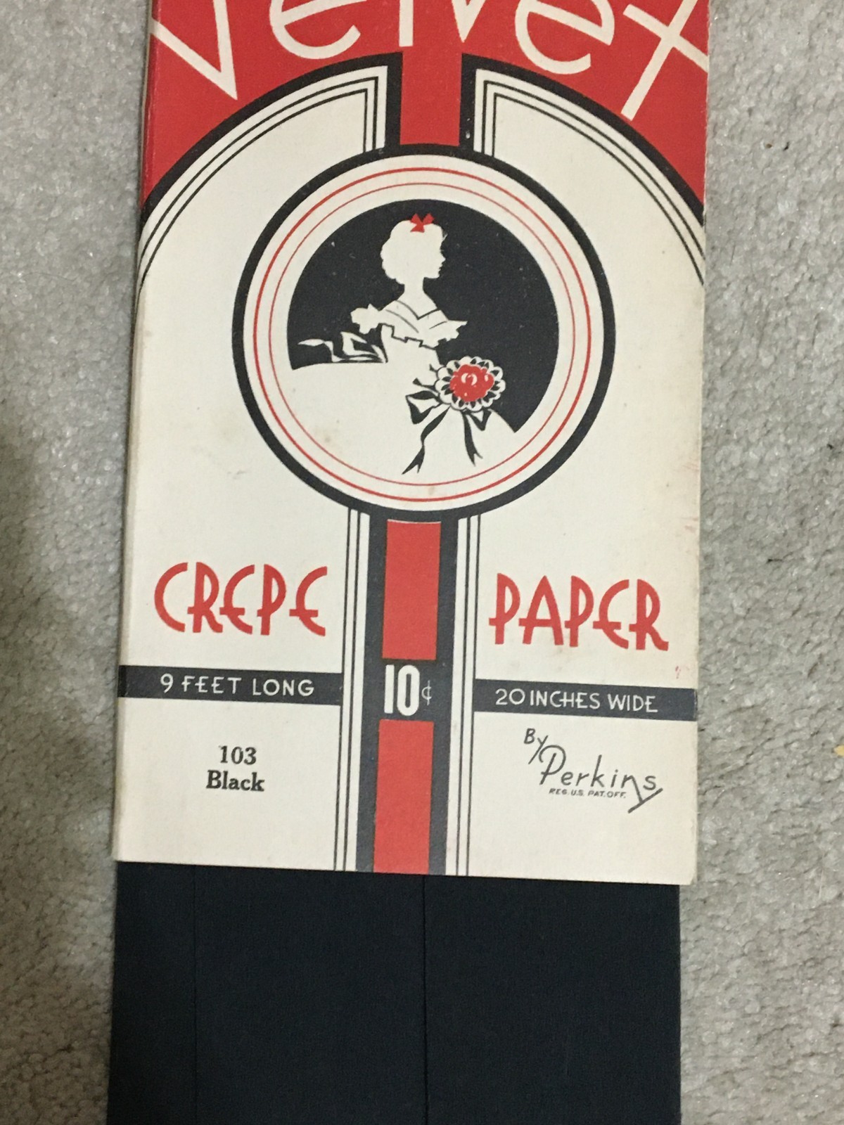 Vintage c1930’s VELVET brand Crepe Paper by PERKINS #103 Black 9 feet x 20″