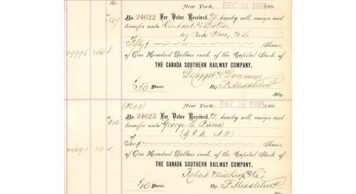 2 Canada Southern Railway 1895 Stock Transfer Documents NY Railroadiana