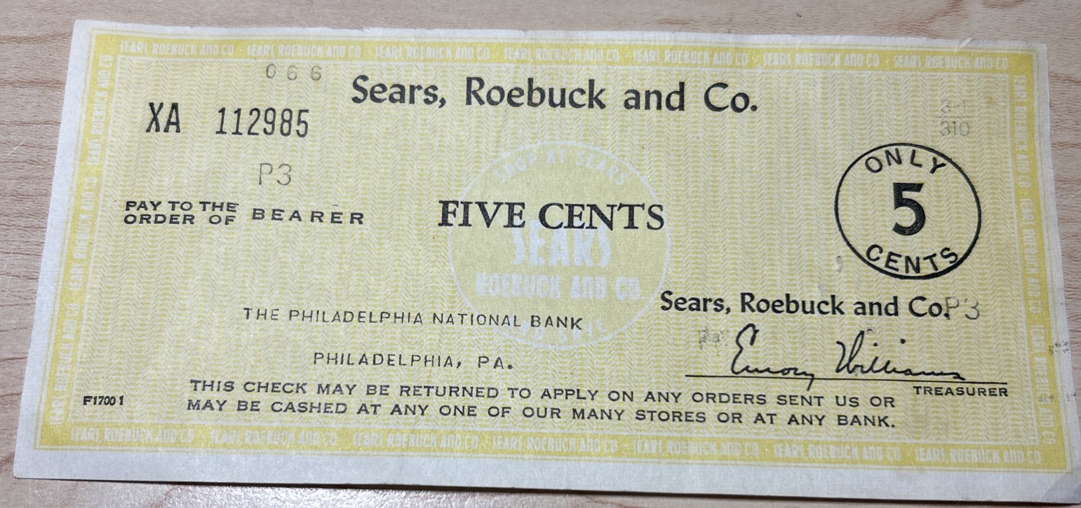 Vintage Sears Roebuck and Co Cash Vouchers, Unsigned, Set of 4