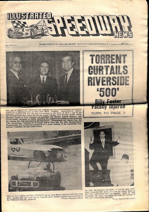 ILLUSTRATED SPEEDWAY NEWS 1/24 1967 Riverside 500 shortened; Foster killed