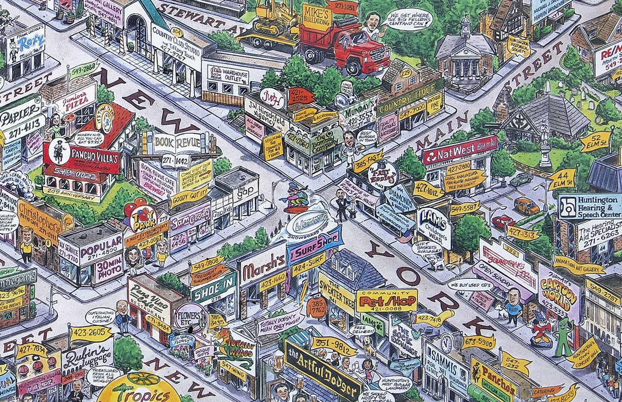 HUNTINGTON LONG ISLAND Illustrated Cartoon Map 1995 – FREE SHIPPING