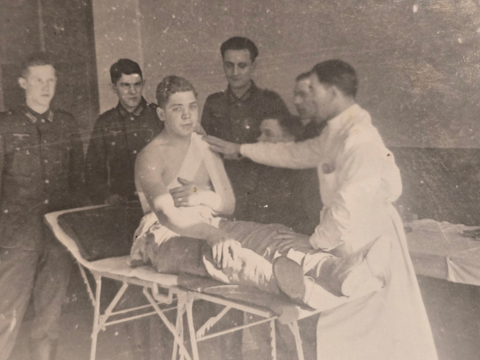 WWII German Medical Scene Soldiers w Doctor Treating Wounded Man Field Photo