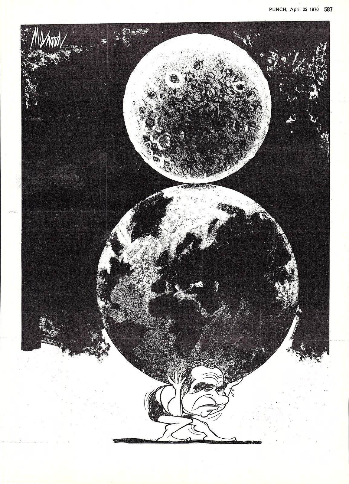 Original 1970 Punch MAHOOD Cartoon Print NIXON – Atlas Carrying the World & Moon