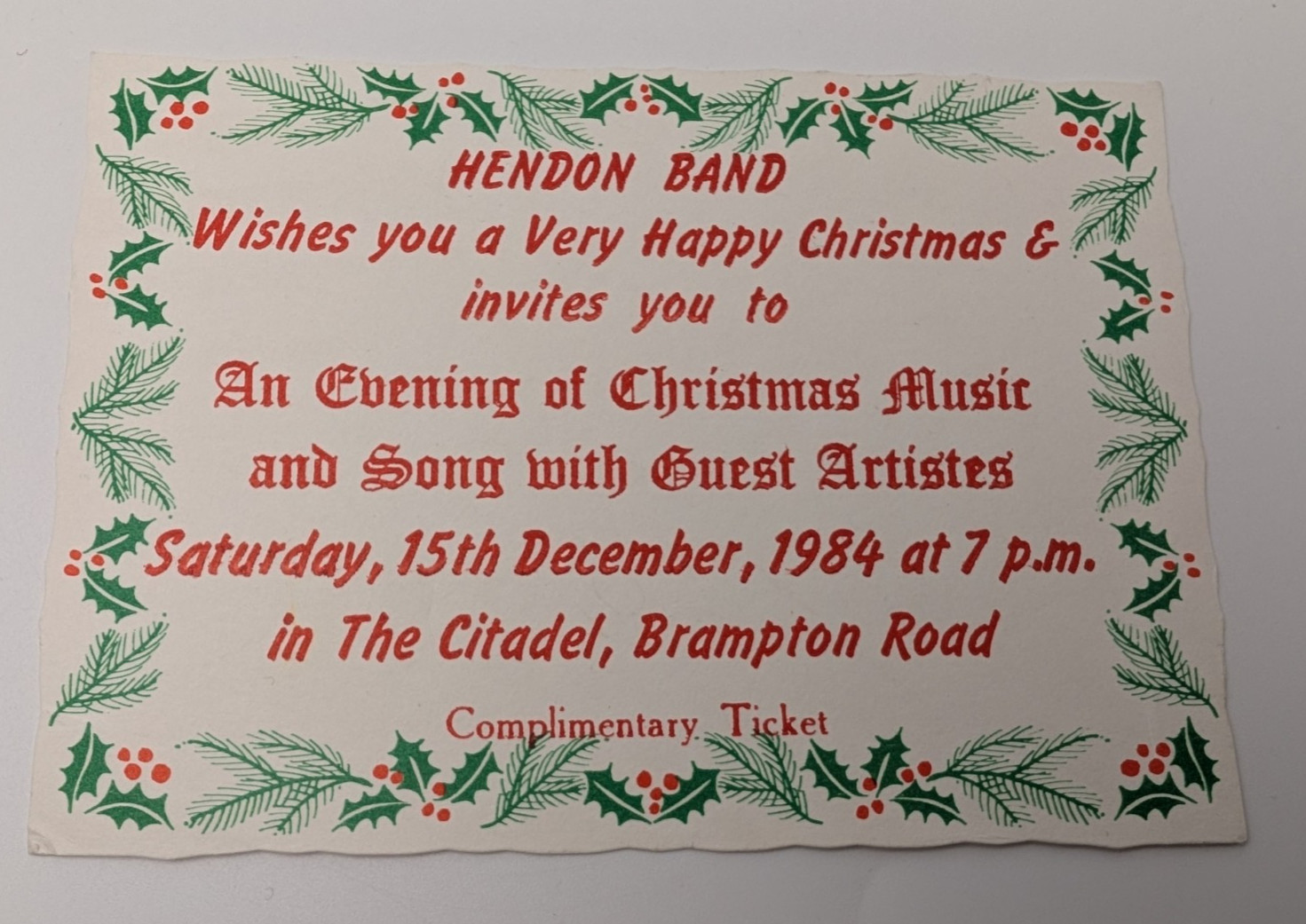 Vintage 1960s HENDON Salvation Army London Christmas 1984 Citadel TICKET rare