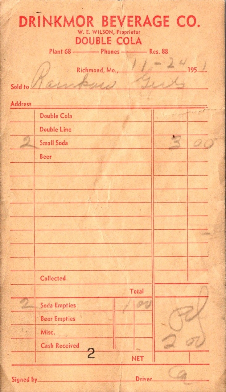 1950s Drinkmor Beverage Co Richmond MO 4 Receipts Rainbow Cafe Ritz Cafe